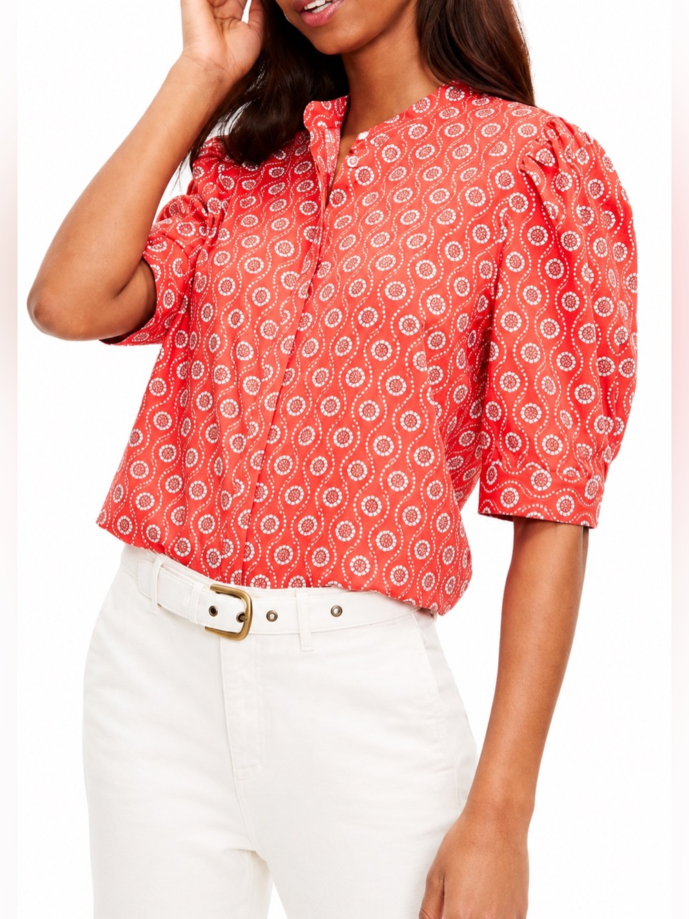 LOFT Geo Puff Sleeve Blouse – Roast Tomato | Size S | NWT